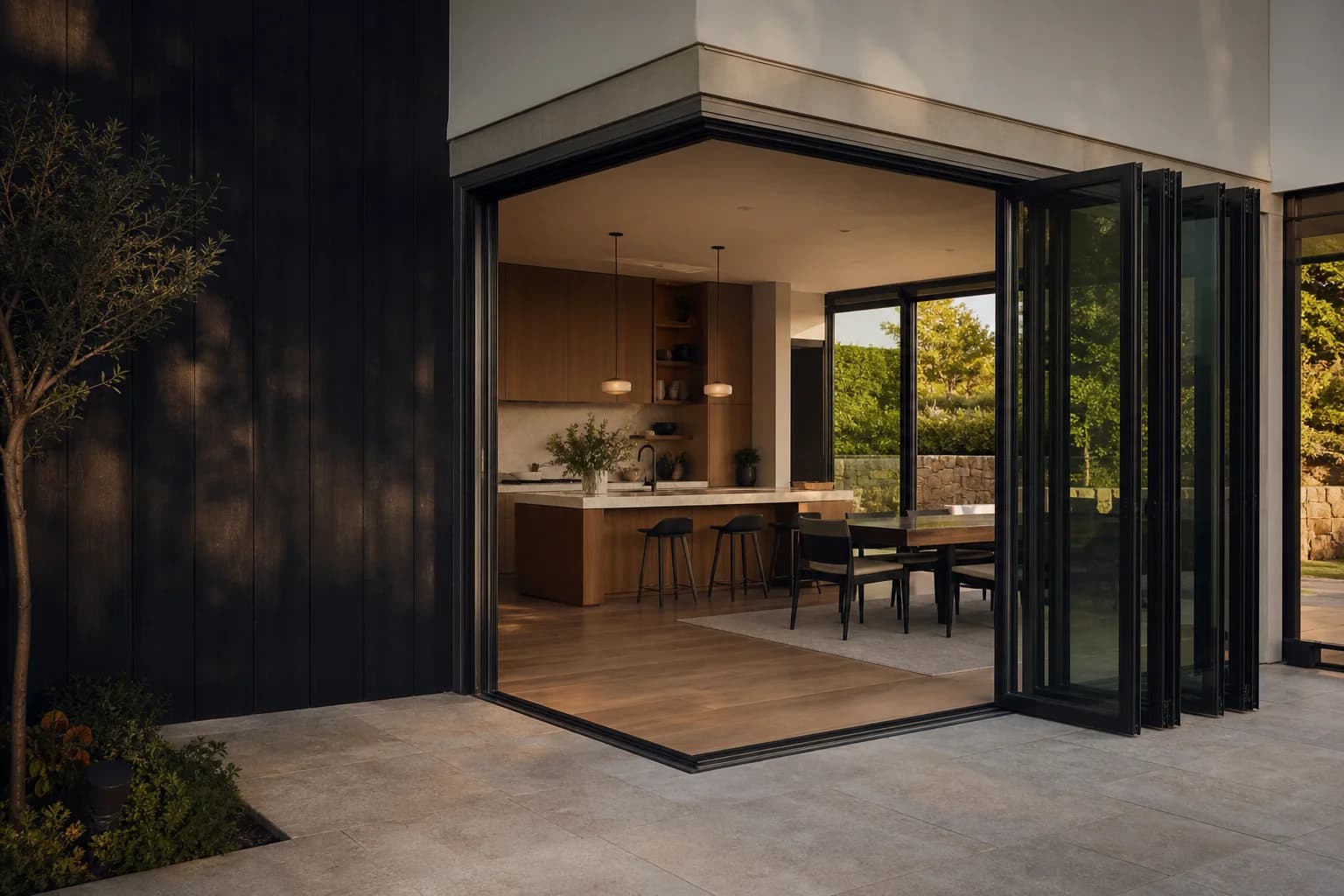 Large black aluminum bifold door fully opening a kitchen to a patio