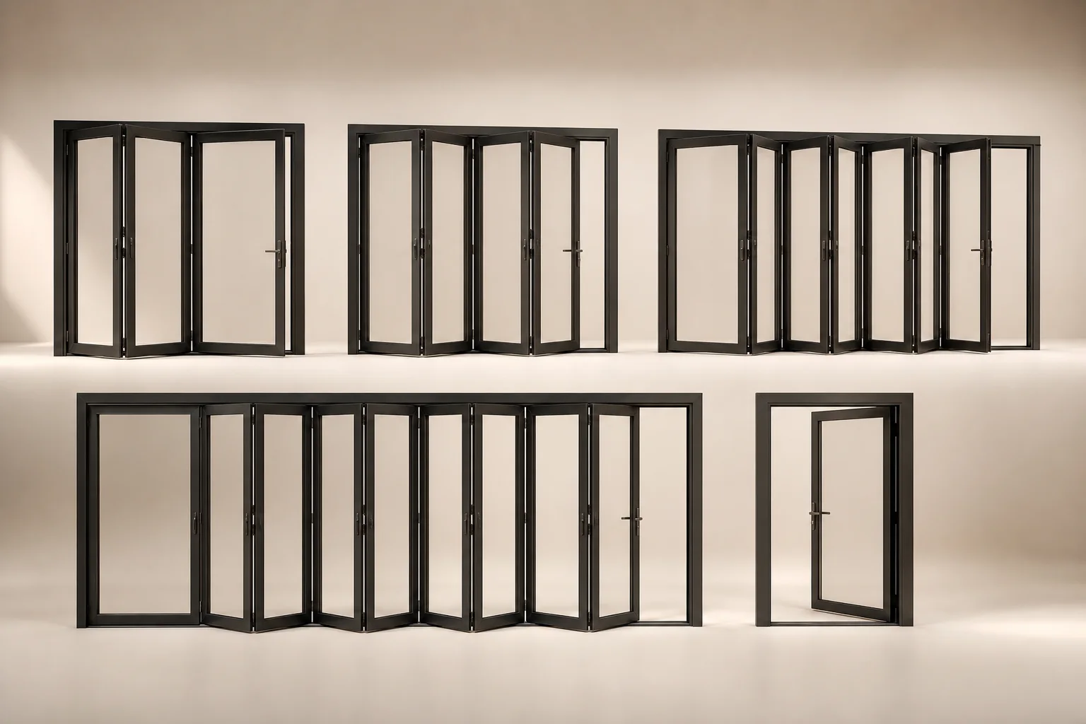 Several slim aluminum folding door panel arrangements displayed in a studio