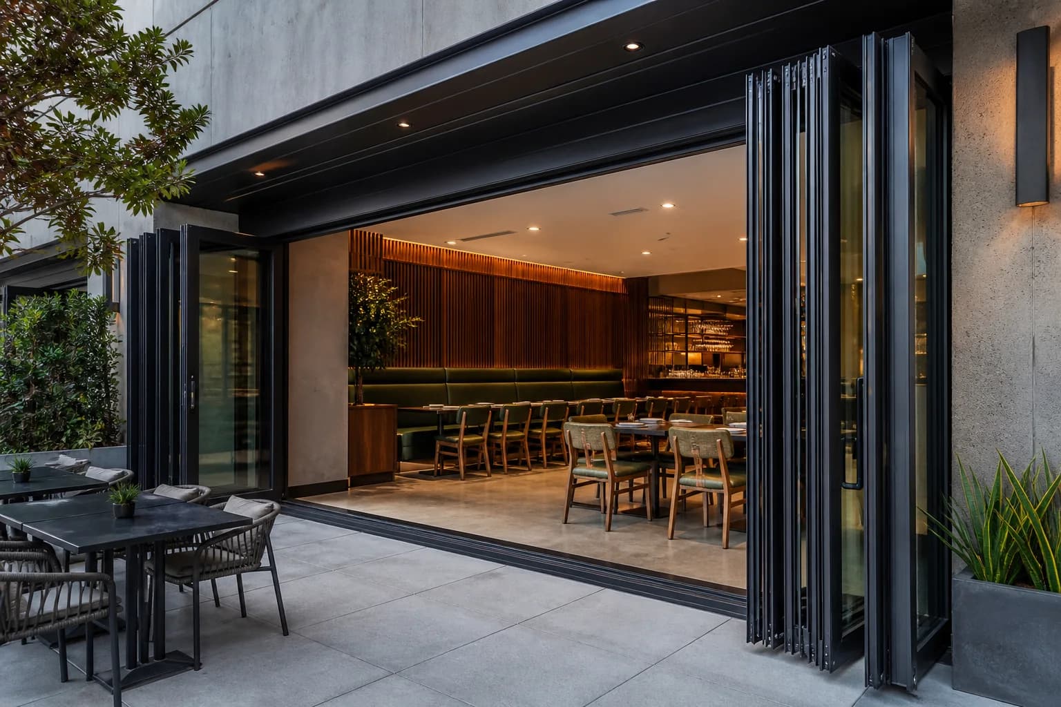 Restaurant folding glass wall opened to a sidewalk dining terrace