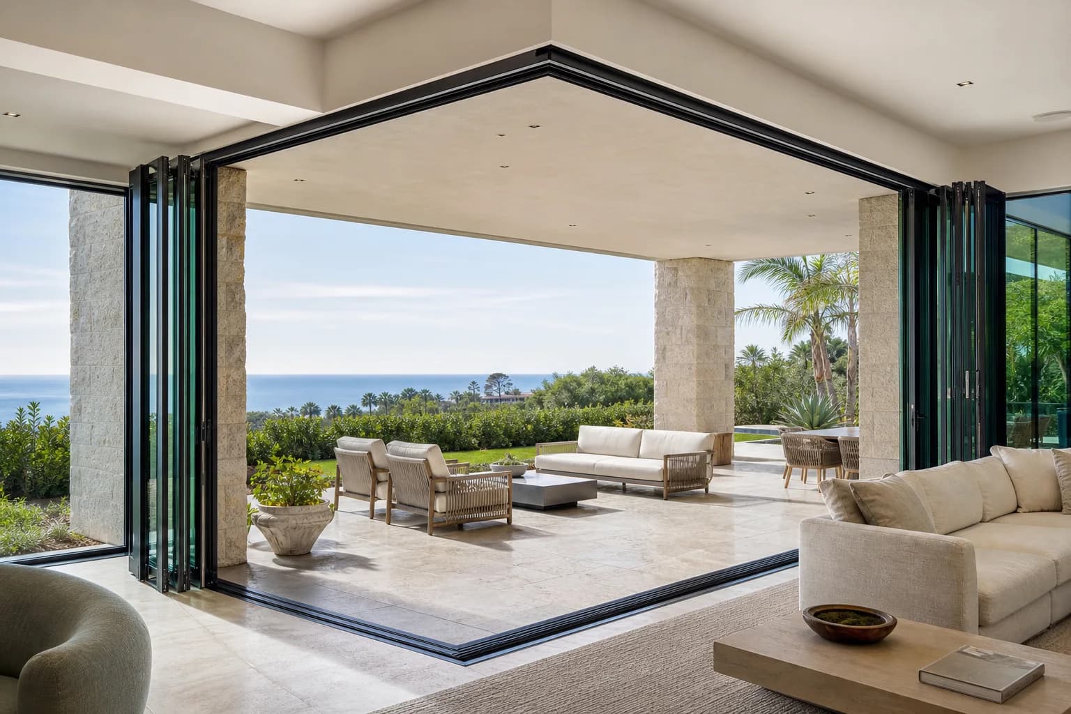 Cornerless bifold door opening with panels stacked at both sides