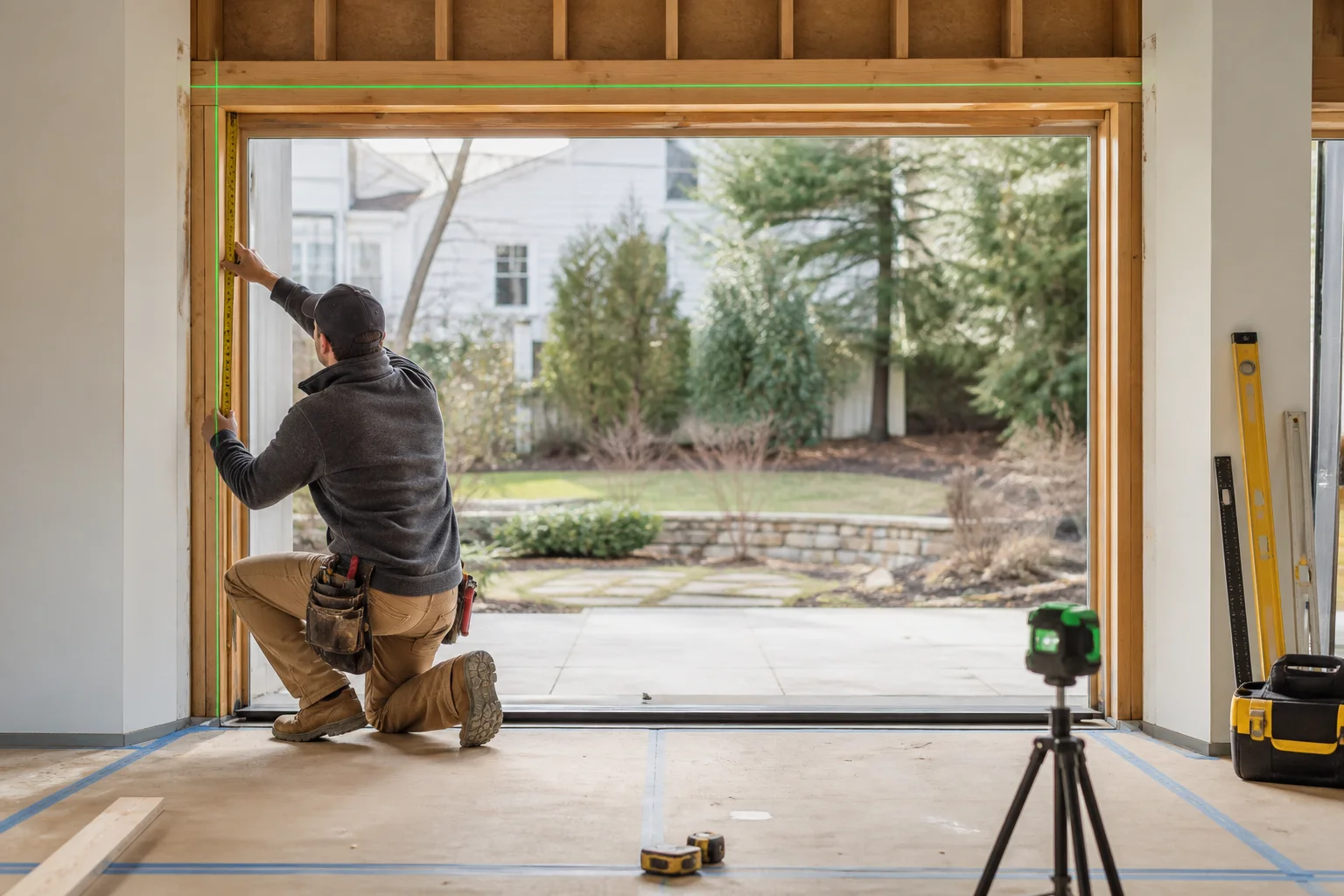 Professional measuring a structural opening for a custom bifold door